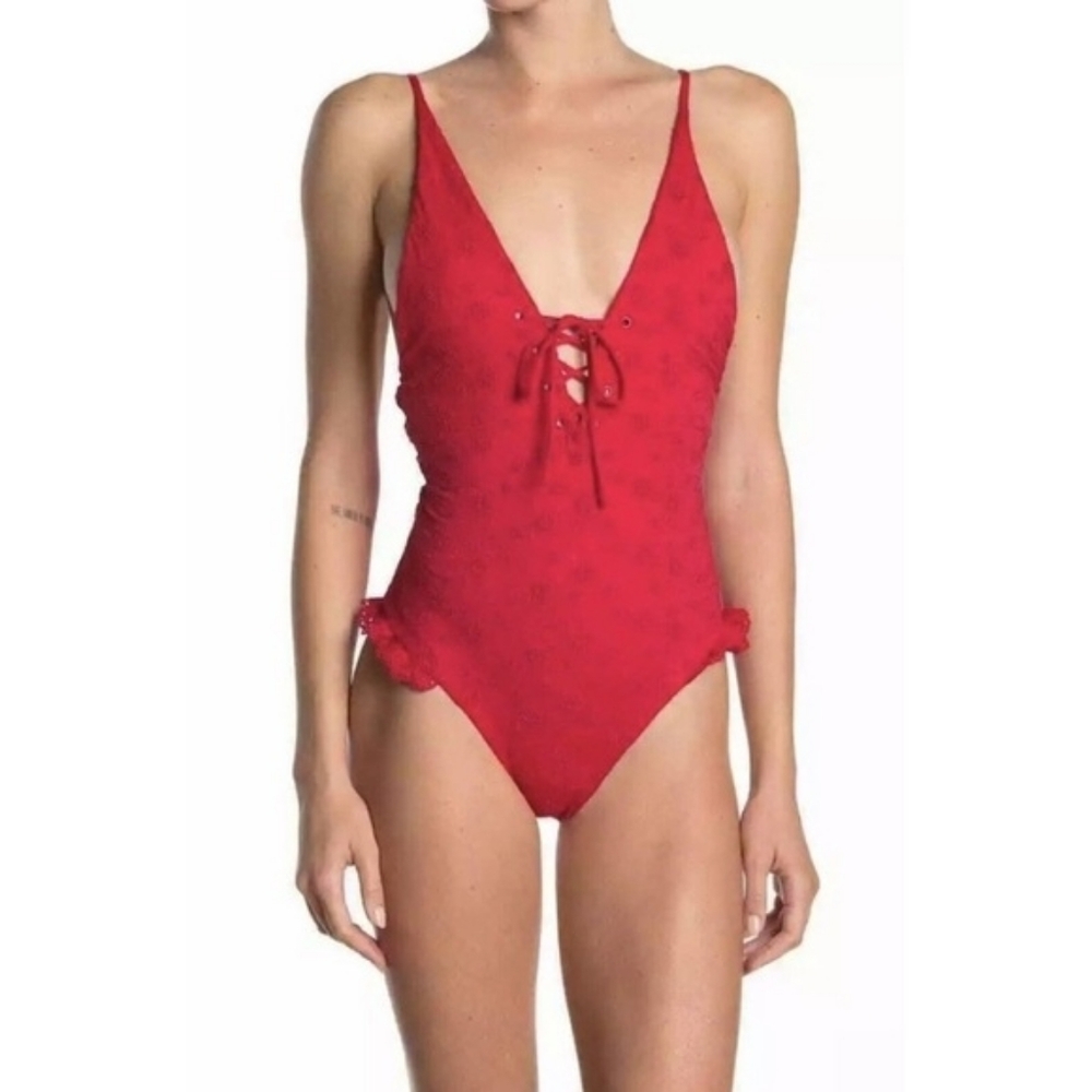 Bond-Eye Hold Me Tight Cherry Red Lace Up Eyelet One Piece Swimsuit Size Medium